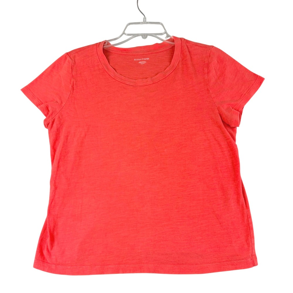 Eileen Fisher XS Coral Red Organic Cotton Slub Short Sleeve Tee Minimalist Basic